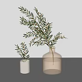 Large Amber Glass Vase with Olive Branches and Small White Ceramic Pot on White Background