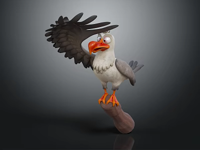 Cartoon Seagull Standing On Branch With Spread Wings Orange Beak And Dark Background 3d model