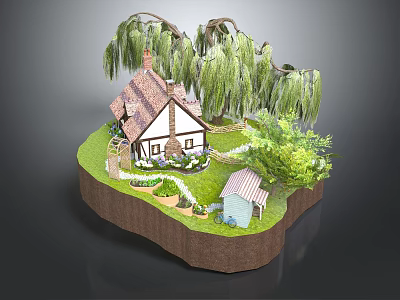 Charming Wooden Cabin with Weeping Willows Lush Lawn Stone Pathway and Small Shed 3d model