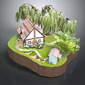 Charming Wooden Cabin with Weeping Willows Lush Lawn Stone Pathway and Small Shed