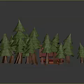 3D Modeled Green Pine Trees With Brown Trunks And Red Cart On Gray Background