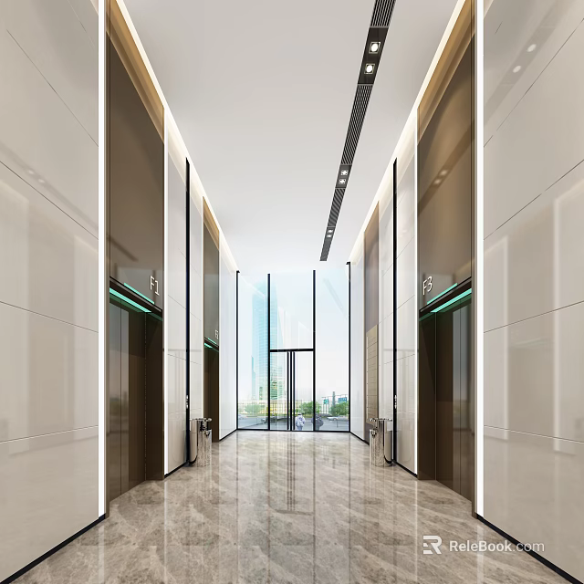Modern Elevator Lobby With Marble Flooring And Glass Walls 3d model