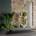 Plant Combination Featuring Various Green Plants in Black Rectangular Planter by Stone and Grid Walls 3d model