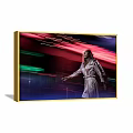 Elegant Woman in White Robe Portrait with Colorful Light Streaks and Golden Frame