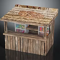 Traditional Wooden Kiosk With Thatched Roof And Glass Windows Displaying Goods