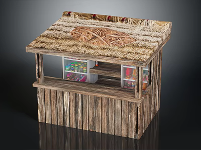 Traditional Wooden Kiosk With Thatched Roof And Glass Windows Displaying Goods 3d model