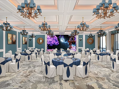 Elegant Banquet Hall Featuring Ornate Chandeliers Arranged Tables Decorative Paintings And Large Screen 3d model