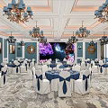 Elegant Banquet Hall Featuring Ornate Chandeliers Arranged Tables Decorative Paintings And Large Screen