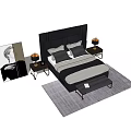 Modern Double Bed in Background with Black Headboard Nightstands Table Lamps and Rug