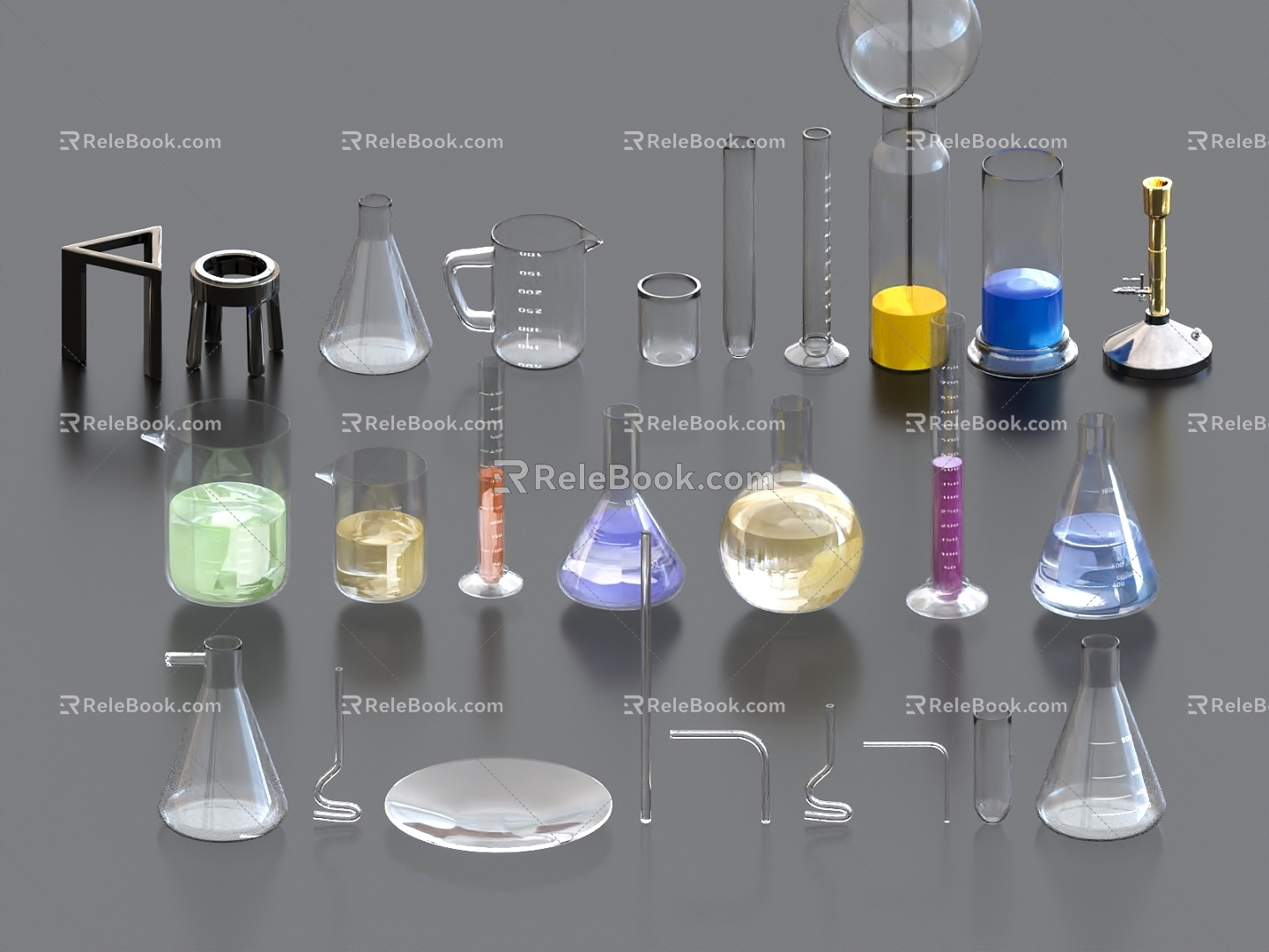 Experimental equipment, experimental equipment, experimental props, beakers, test tubes, flasks, funnels, measuring cylinders, conical flasks 3d model