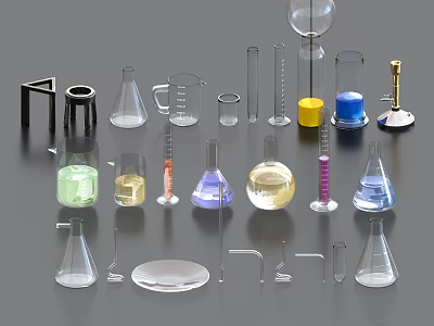 Ceramic Laboratory Ware Collection with Various Types and Colorful Liquids on Metal Stand 3d model