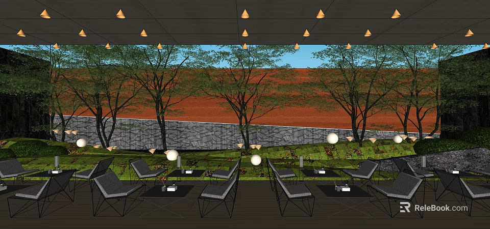 Garden Courtyard Design With Outdoor Seating Trees Stone Wall And Hanging Lights 3d model 
