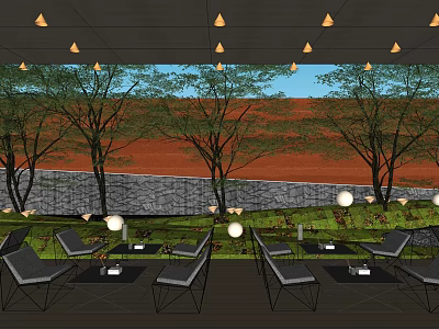 Garden Courtyard Design With Outdoor Seating Trees Stone Wall And Hanging Lights 3d model
