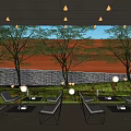 Garden Courtyard Design With Outdoor Seating Trees Stone Wall And Hanging Lights