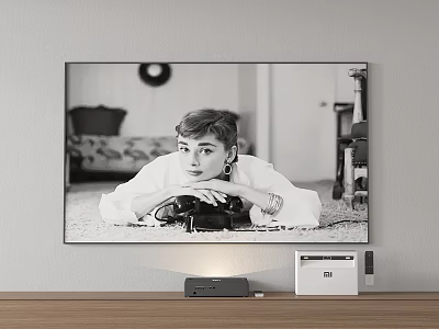 Wall Mounted TV Displaying Classic Black And White Portrait With Wooden Stand And Devices 3d model