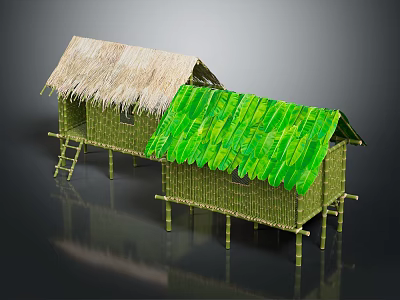 Traditional Rustic Bamboo Stilted Huts With Thatched And Green Leaf Roofs 3d model