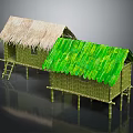 Traditional Rustic Bamboo Stilted Huts With Thatched And Green Leaf Roofs
