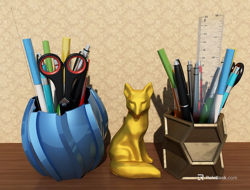 Colorful Stationery Organizers With Blue Spherical Pen Holder Golden Fox Figurine And Hexagonal Container 3d model 