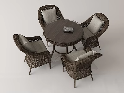 Wicker Table and Chair Set with Round Wooden Top and Light Colored Cushions 3d model