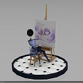 Girl Painting Purple Flower On Easel With Black And White Checkered Base