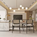 Modern Living and Dining Area With White Sofa Green Armchair Rug And Pendant Lights