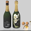 Green Champagne Bottles With White Flower Designs Alongside Corks And Bottle Opener