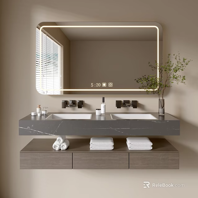 Sleek Modern Bathroom Vanity With Double Sinks Marble Countertop Mirror Plant And Folded Towels 3d model 