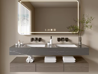 Sleek Modern Bathroom Vanity With Double Sinks Marble Countertop Mirror Plant And Folded Towels 3d model