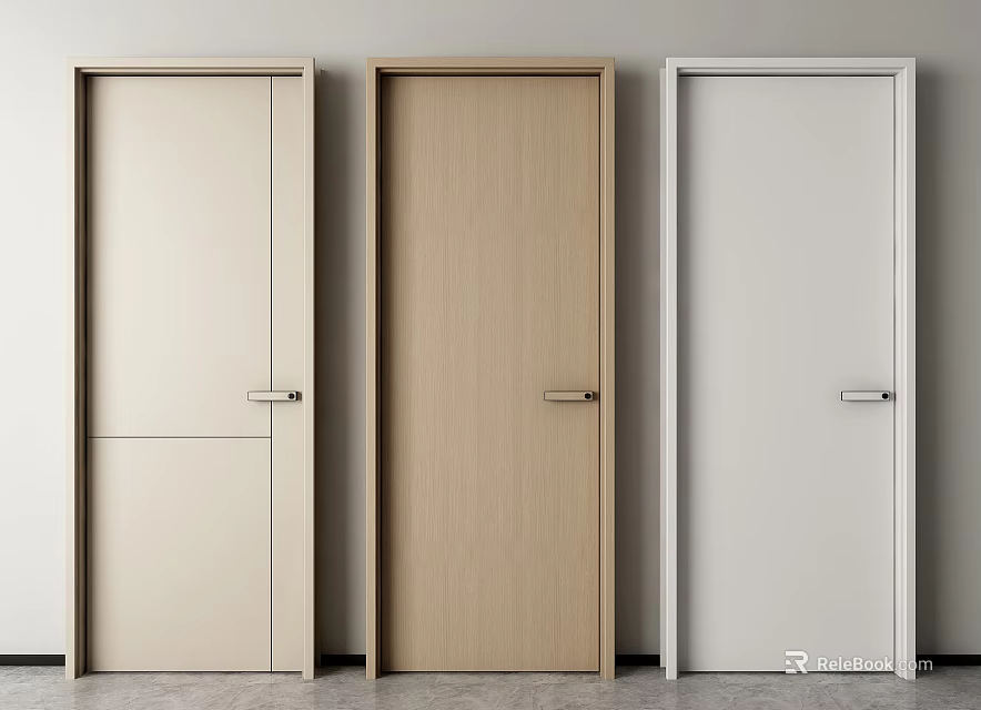 Modern Simple Design Swing Doors in Beige Light Wood White with Metal Handles 3d model 