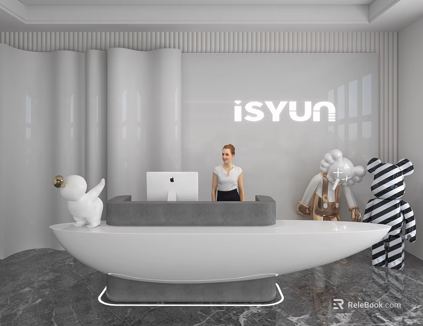 Modern Shop Front Desk With White Countertop Computer Staff isYUN Logo and Decorative Dolls 3d model 