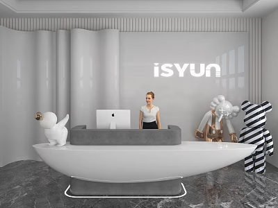 Modern Shop Front Desk With White Countertop Computer Staff isYUN Logo and Decorative Dolls 3d model