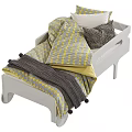 Wooden and White Kids Bed with Geometric Pattern Bedding and Wheel Design