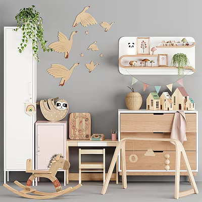 Children's Room Sofa Set With Wooden Animal Ornaments Mini House Models And Rainbow Decor 3d model