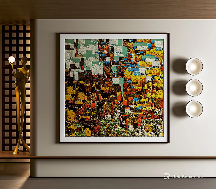 Colorful Abstract Painting On Modern Interior Wall With Gold Sculpture And White Lamps 3d model 