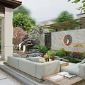 Modern Courtyard Water Fountain With Green Plants Stones Round Lights And Cozy Sofa Seating