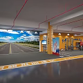 Indoor Parking Lot With Yellow Directional Arrows Digital Screen Red Pipes And Advertising Banners