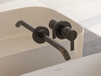 Stylish Modern Light Colored Wash Basin with Black Faucet in Bathroom Tile Floor 3d model