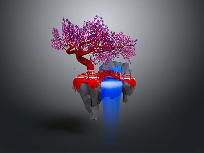 Floating Rock Scene With Red Tree Pink Flowers Red Bridge And Blue Water Flow 3d model