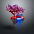 Floating Rock Scene With Red Tree Pink Flowers Red Bridge And Blue Water Flow