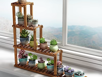 Multi Tiered Wooden Plant Stand with Potted Succulents and Small Plants by Window 3d model