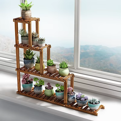 Multi Tiered Wooden Plant Stand with Potted Succulents and Small Plants by Window 3d model