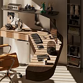 Modern Home Office Desk With Shelf Computer Monitor Yellow Office Chair And Figurines
