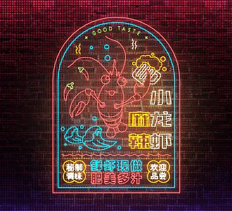 Neon lights crayfish night market lighting 3d model