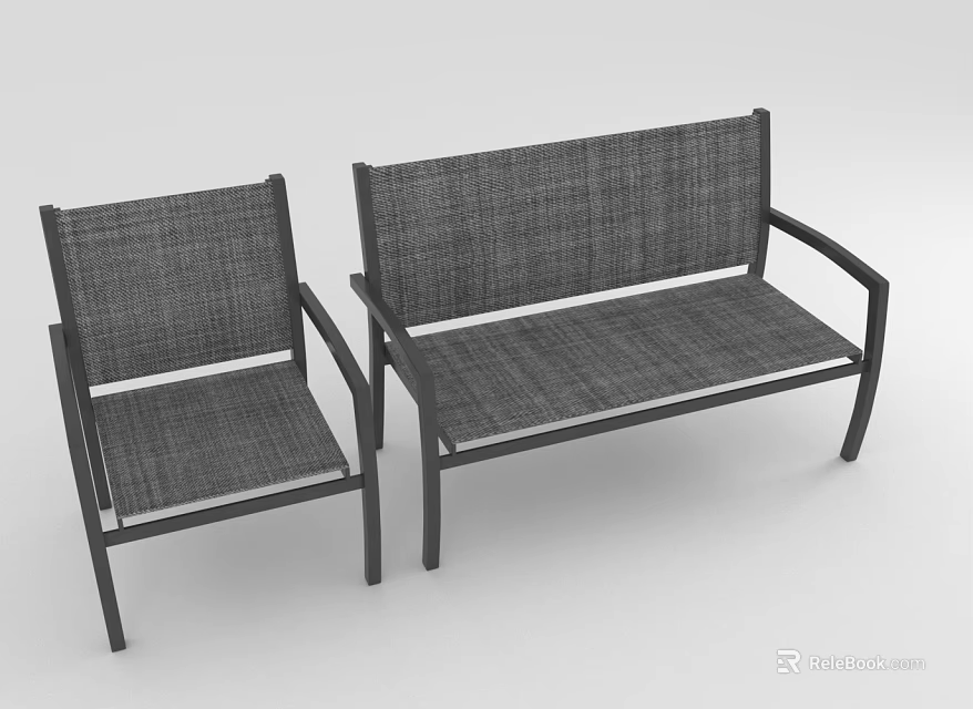 Outdoor Furniture Chair And Bench Set With Woven Fabric Seats And Black Metal Frames 3d model 