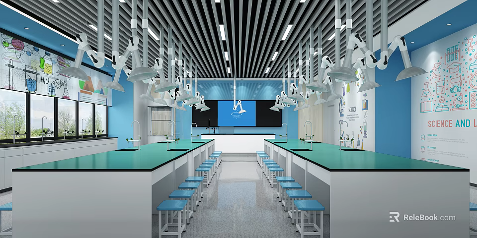 Modern Laboratory Interior With Green Countertops Blue Chairs White Pendant Lights And Projection Screen 3d model 