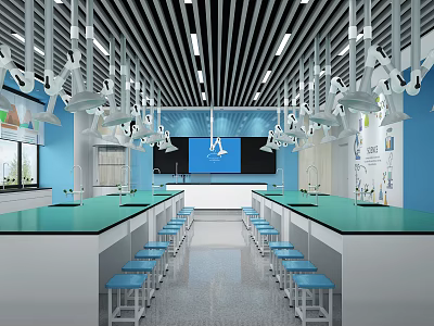 Modern Laboratory Interior With Green Countertops Blue Chairs White Pendant Lights And Projection Screen 3d model