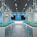 Modern Laboratory Interior With Green Countertops Blue Chairs White Pendant Lights And Projection Screen