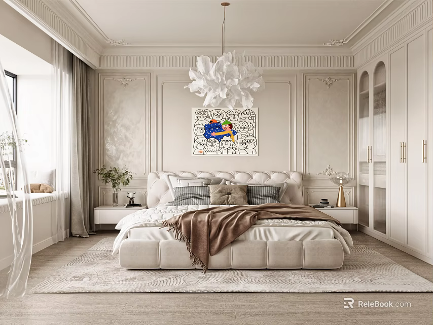 Modern Bedroom Interior Design With Large Bed Decorative Painting Chandelier And Soft Rug 3d model 