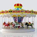 Carousel Amusement Equipment With Crown Top Blue And White Striped Canopy And Various Colored Horses