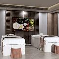 SPA Interior With Two Massage Beds White Linens Wooden Walls And Decorative Painting